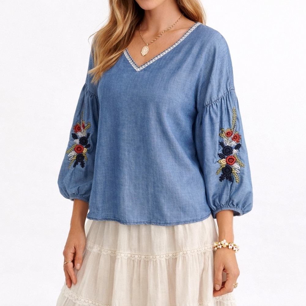 Womens Blue Tencel Embroidered Puff‎ Sleeve V-Neck Blouse Small Boho Cottage Top